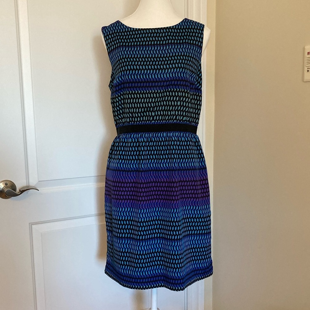 LOFT Blue and Purple Sheath Midi Dress Sleeveless Geometric Size S EUC